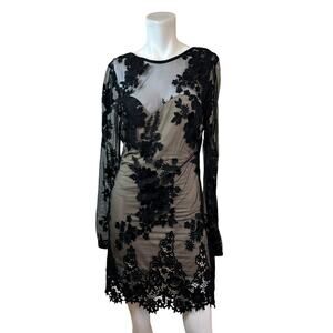 Sky Black Lace Low Open Back Long Sleeve Cocktail Dress  Style AB501X sz L NWT